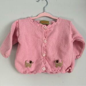 Claver Quality Sweaters Pink Knit Cardigan with Weiner Dogs Scalloped Edge